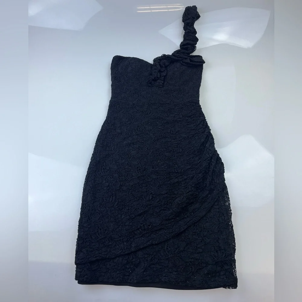 ModCloth Mystic Black Lace Sheath One Shoulder Dress Ruched N246-12 - Picture 2 of 7